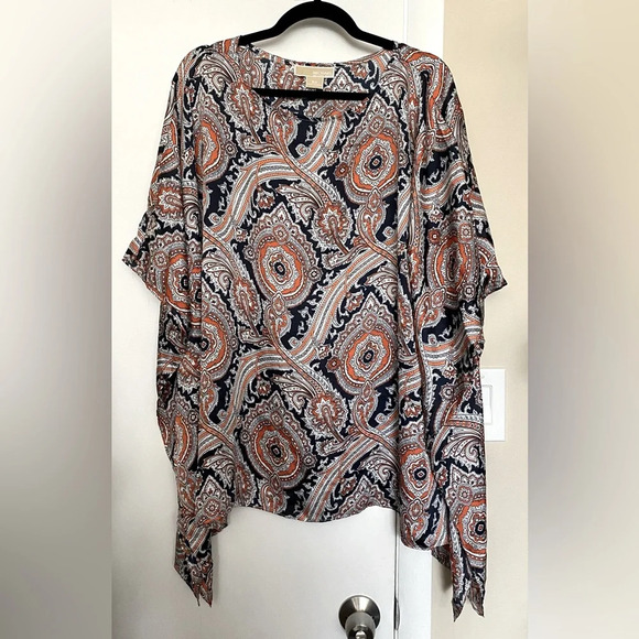 NWT MICHAEL Michael Kors Blue Orange Print Flowy Kaftan Blouse Top Size 3X - Picture 1 of 7